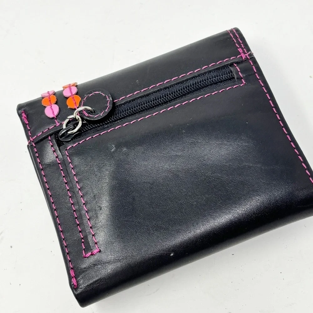 ROLFS Women’s Black Tri-Fold Wallet Pink Orange Accents Credit Cards ID Coins